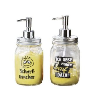 Soßenspender, Spruch, Glas, klar